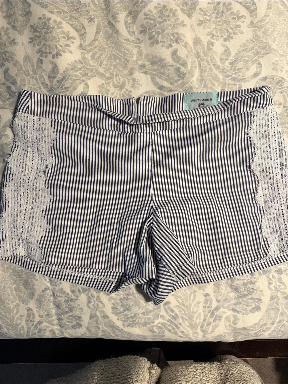 Judith March Navy and White Striped Lace-Trim Shorts